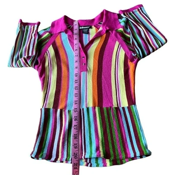Dollhouse Women’s Retro 70s Barbie Style Multicolor Striped Collared Top, Small - Picture 7 of 9